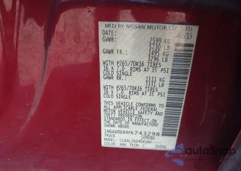 2015 Nissan Frontier Sv from USA, damaged, VIN 1N6AD0ER4FN743298